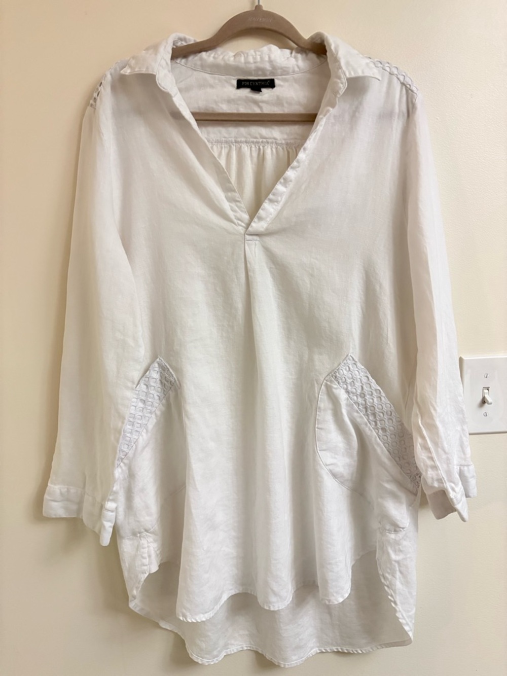 For Cynthia White 100% Linen Tunic Top XL Crochet Lace Beach Cover Up Boho lagen